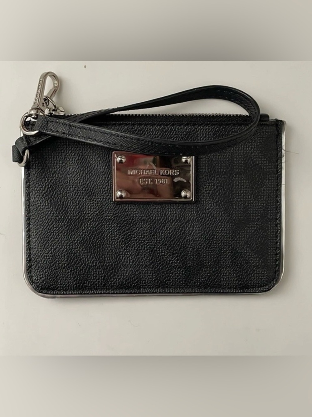 Michael Kors Black Leather Zip Wristlet with Silver Hardware